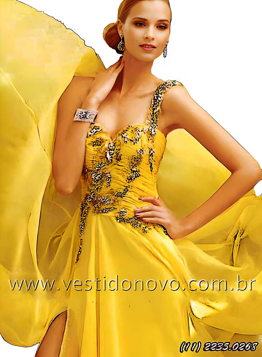 Vestido de festa, amarelo, com muito brilho, me da noiva,  importado em seda,  So Paulo sp