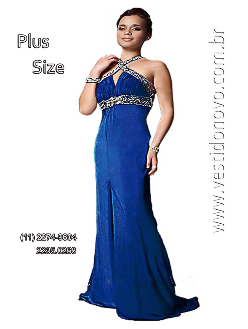 Vestido de festa plus size azul royal com brilho e pedraria tamanho grande