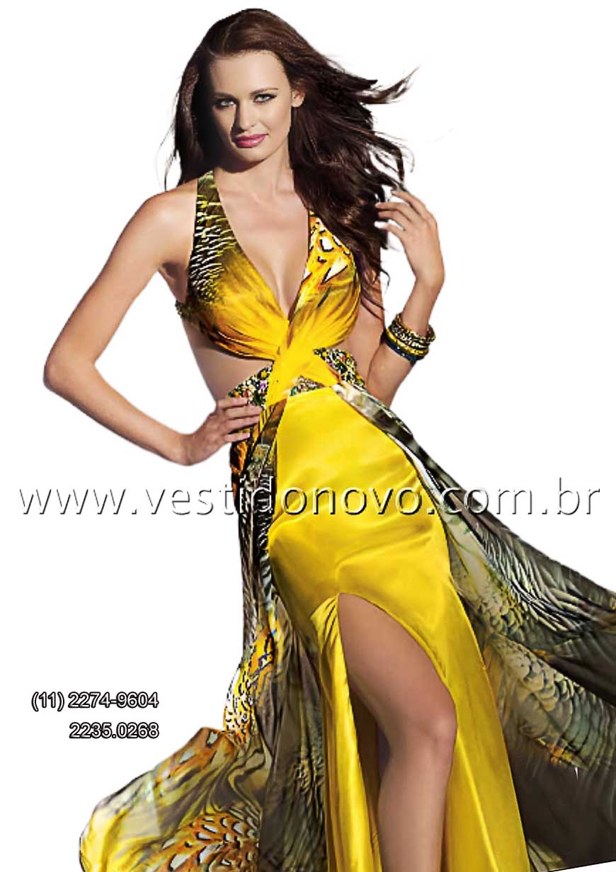 vestido de festa em seda pura, estampado em amarelo, zona sul de So Paulo