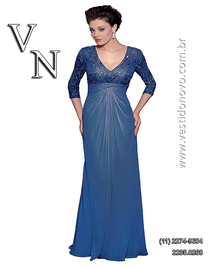 Vestido me da noiva, plus size, manga comprida em renda bordada, azul