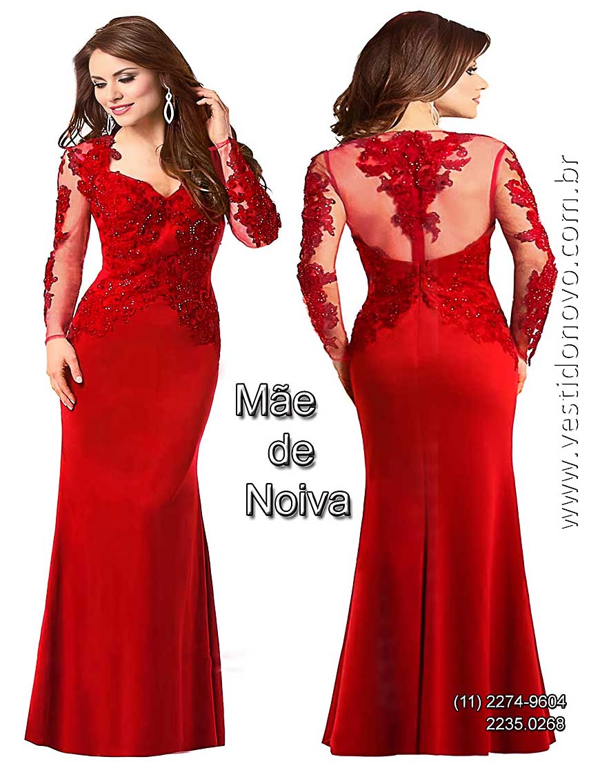 Vestido vermelho, manga comprida segunda pele bordado e pedraria