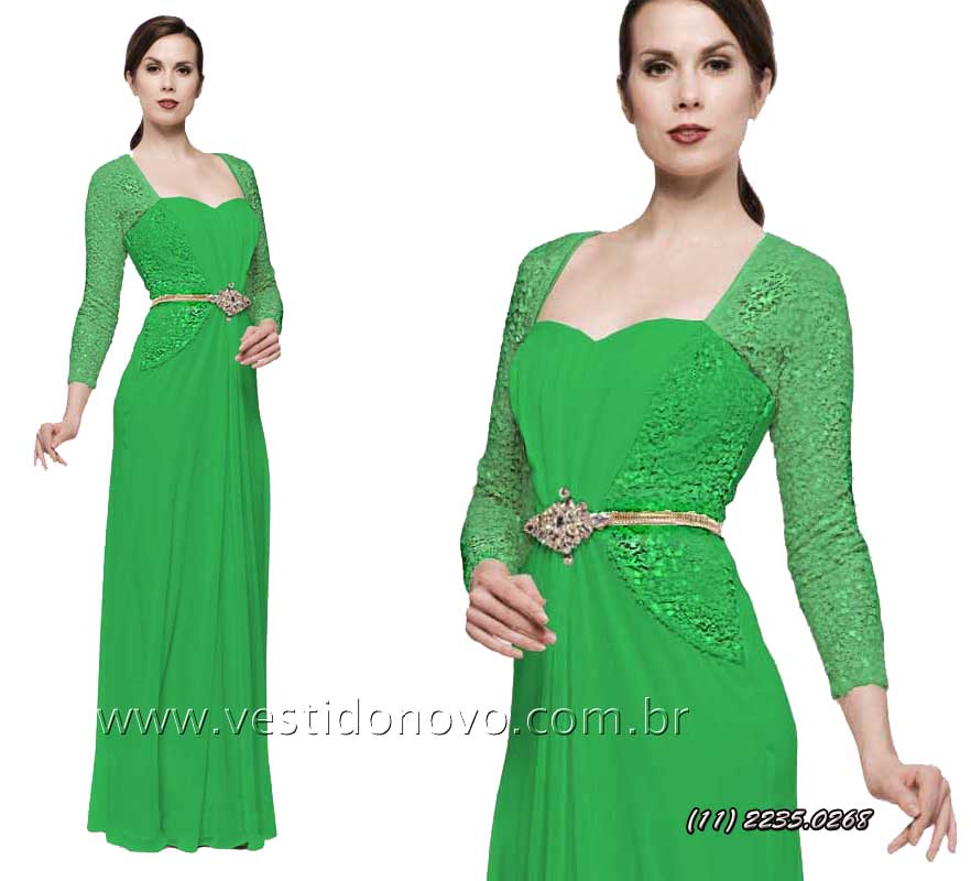 vestido verde de renda com manga mãe do noivo,  festa longo 