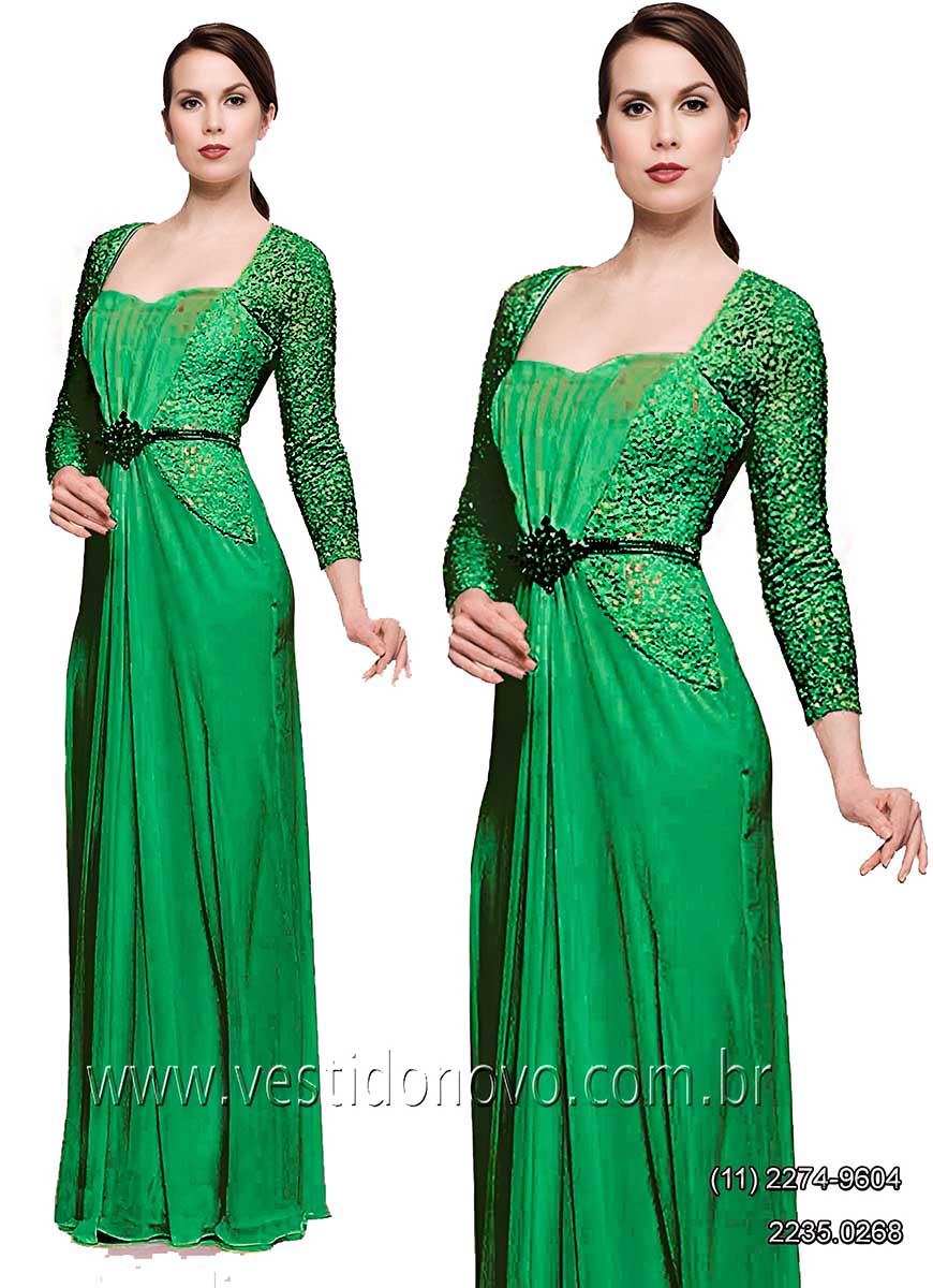 vestido verde de renda com manga mãe do noivo,  festa longo 