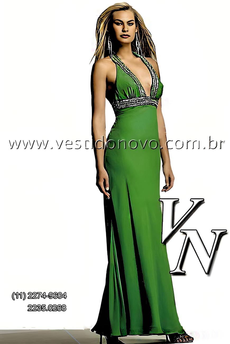 vestido de festa, madrinha de casamento, verde bandeira, decote V com brilho