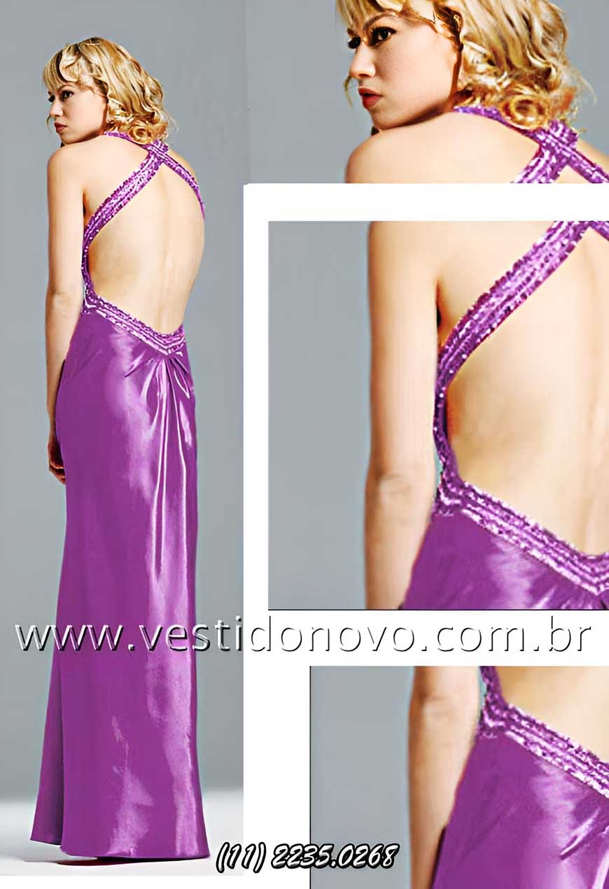 vestido de formatura lilas violeta com decote e costas cavadas