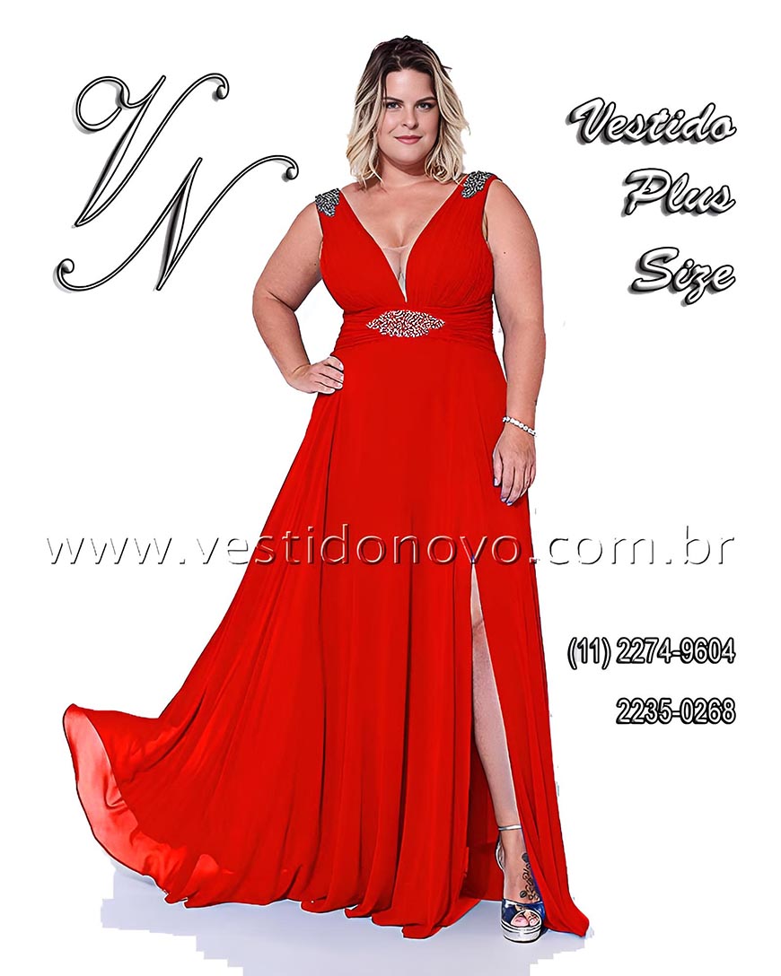 Vestido vermelho, com fenda e decote, Plus size, tamanho grandena, So Paulo