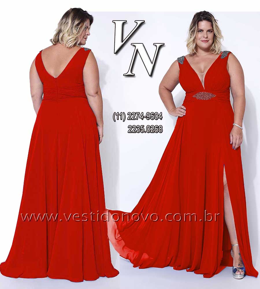 Vestido vermelho, com fenda e decote, mãe de noiva, Plus size, tamanho grandena