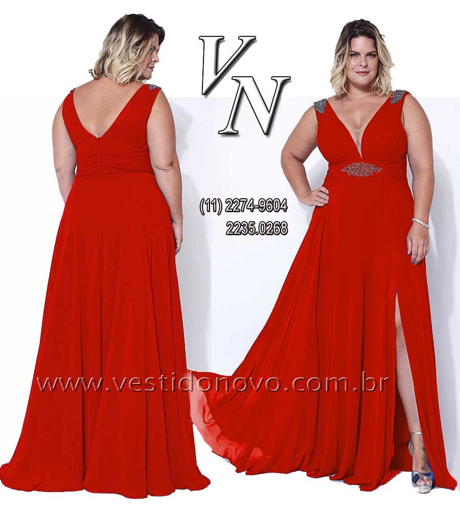 Vestido vermelho, com fenda e decote, me da noiva, Plus size, tamanho grande, So Paulo