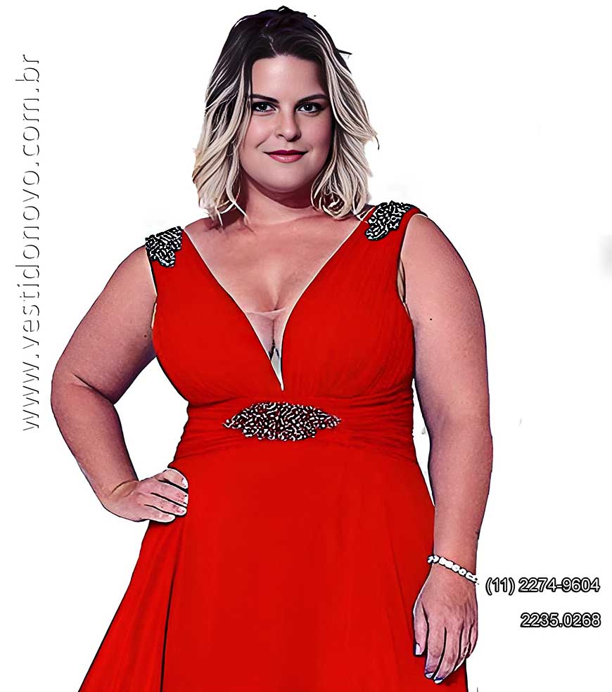 Vestido vermelho, com fenda e decote, me da noiva, Plus size, tamanho grande, So Paulo